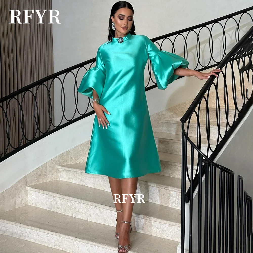 

RFYR Teal Evening Dress Lantern Sleeve Prom Dress Knee Length Formal Celebrity Dresses for Women vestidos de fiesta Customized