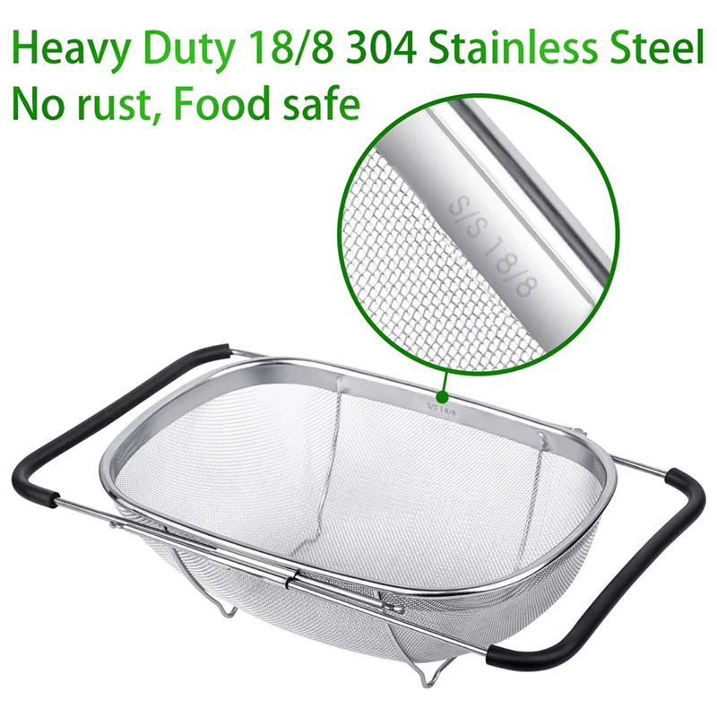 A79I Colander Basket Fine Mesh Stainless Steel For Sink With Telescopic Rubber Handle Extendable Rice Drain Basket