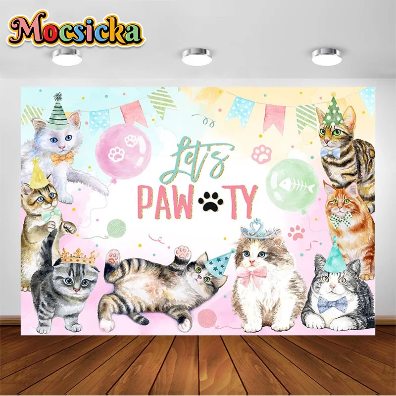 

Cat Birthday Party Backdrop Pink Let’s Pawty Kitten Background for Photography Pet Paw Theme Decoration Meow Cake Table Prop