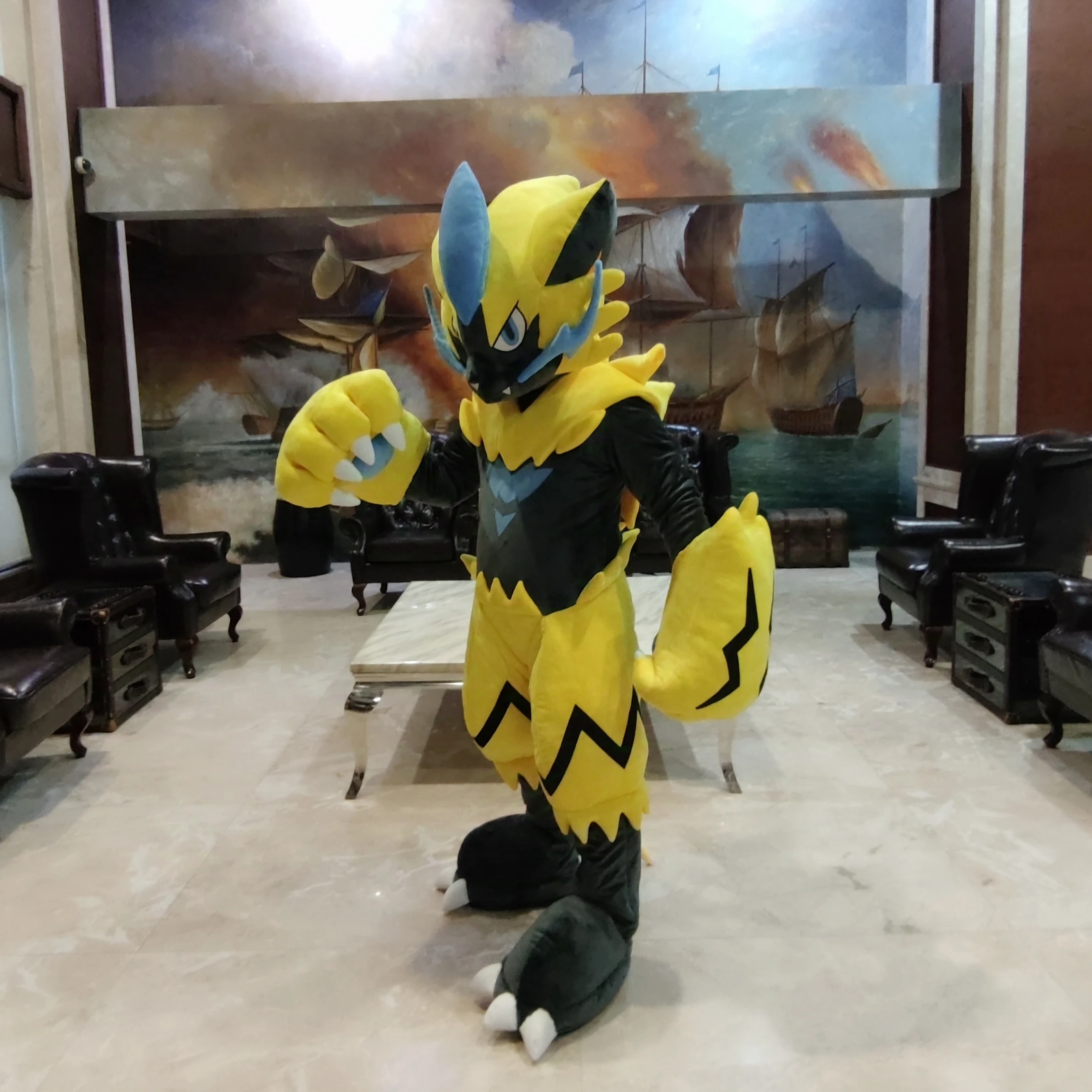 Japan Cartoon Pokémon Larger Zeraora Wear doll suit helmet suit Pokmon plush toy custom