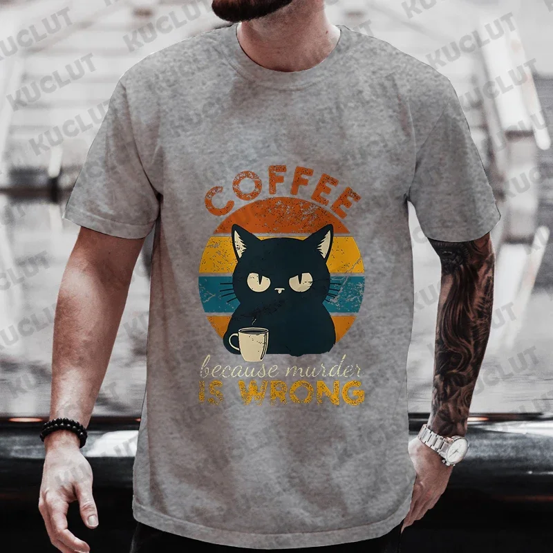 Men\'s Street Wear Cat Lover Funny Coffee Because Murder Print T-shirt Short Sleeve O-neck Streetwear Summer T Shirts Men