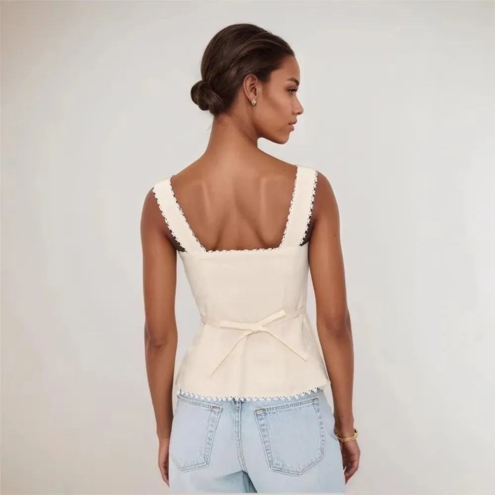 

Chic Sleeveless Women's Retro Lace Vest Backless Square Collar Sleeveless Vest Elegant Women Tank Top Casual Wear