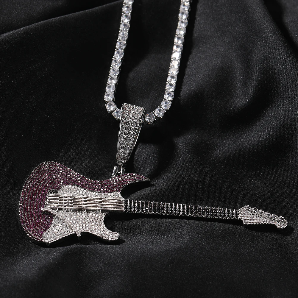 THE BLING KING Rock Music Guitar Pendant Necklace Micro Paved Out Cubic Zirconia Luxury Hiphop Punk Jewelry For Men