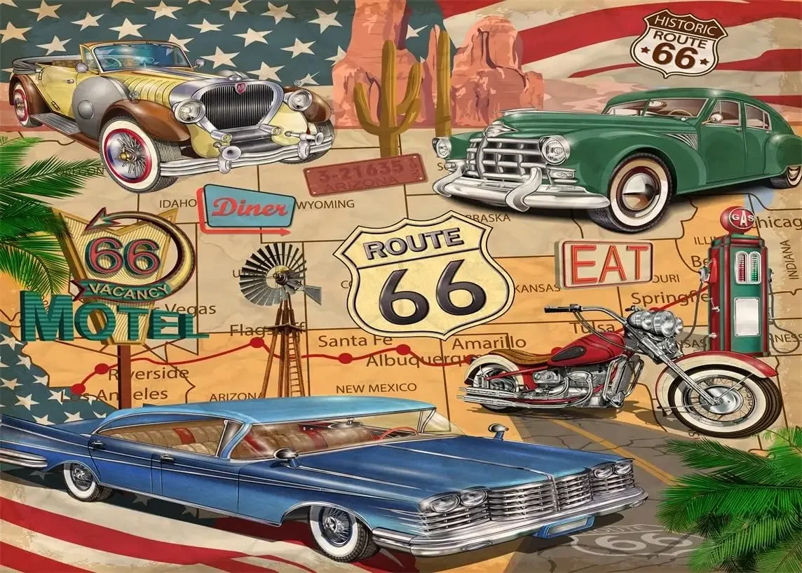 Route 66 Theme Retro Road Map Motel Motorcycle Cars Arizona Desert Cactus US Flag photo background photography backdrop