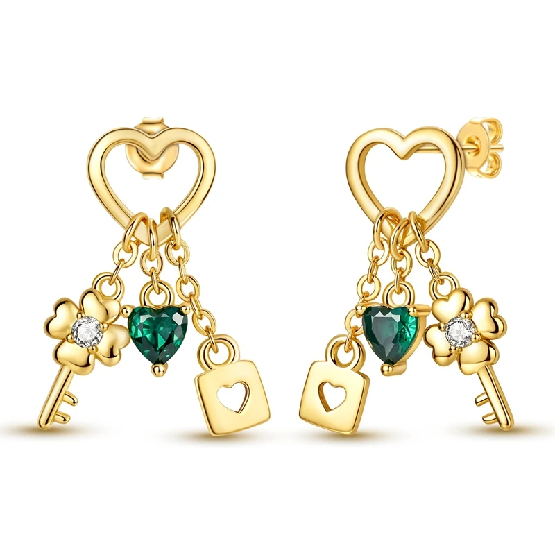 New 925 Sterling Silver Golden Heart Lock Women Earrings Brilliant Wedding Engagement Star Earrings Jewelry Gifts
