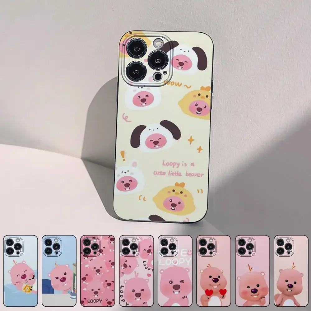 Korean Cartoon Characters Loopy Cute Pink Phone Case for iPhone 15 14 13 Pro Max 11 12 Mini X Xs XR Se 2022 Black Silicone Cover