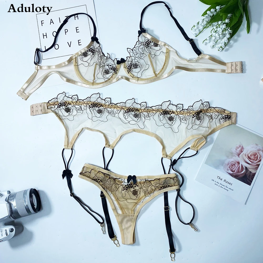 Aduloty New Women\'s Intimates Sexy Lingerie Embroidery Sex Bra And Panties Garter Belt Set Lace Underwear Set Erotic Costume