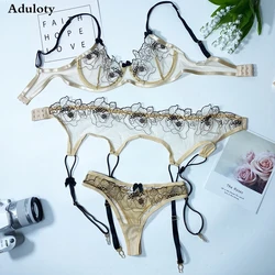 Aduloty New Women's Intimates Sexy Lingerie Embroidery Sex Bra And Panties Garter Belt Set Lace Underwear Set Erotic Costume