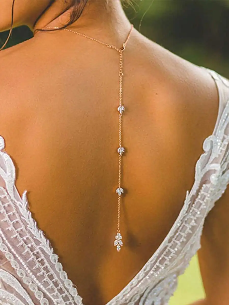 

Floral Zirconia Bridal Back Chain Necklace Long Pendant Women Summer Body Chain Wedding Jewelry