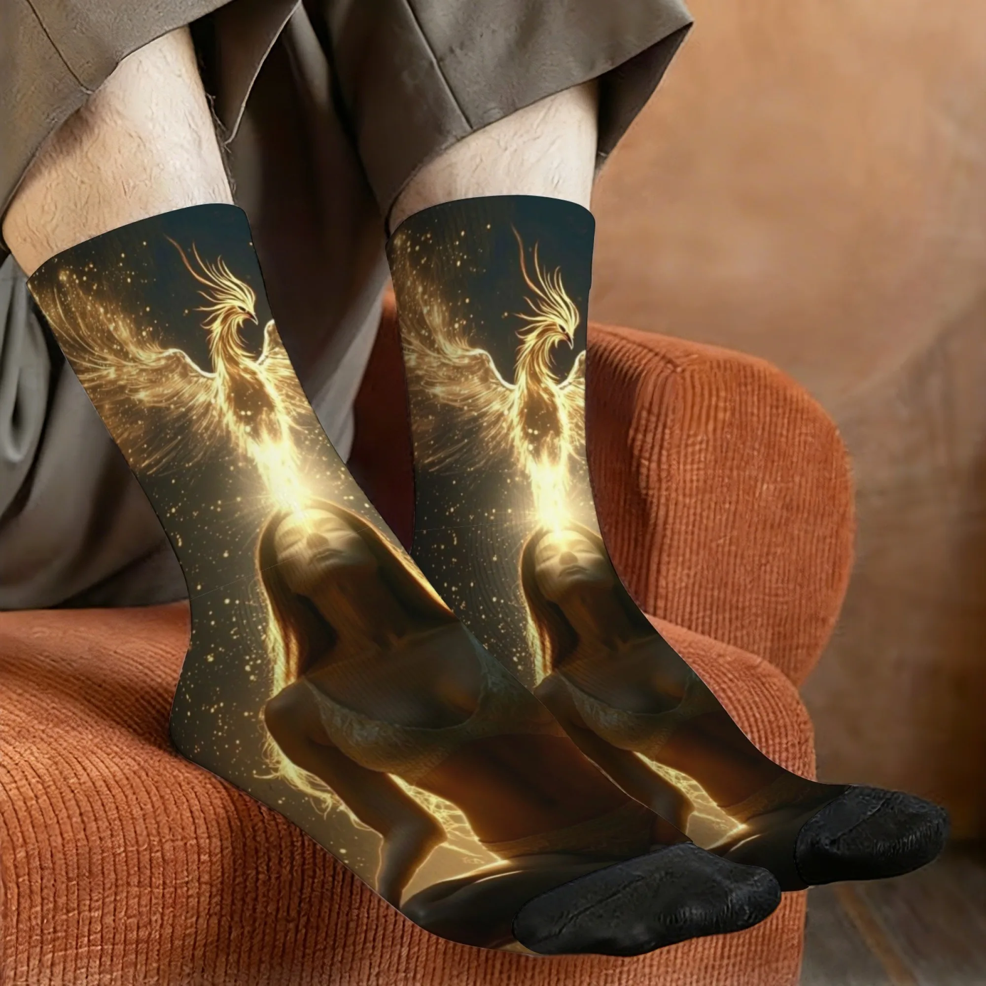 

Harajuku Retro Mythical Phoenix and Meditation Print Men's Socks - Novel Street Style Casual Socks - Crazy Party Holiday Gift