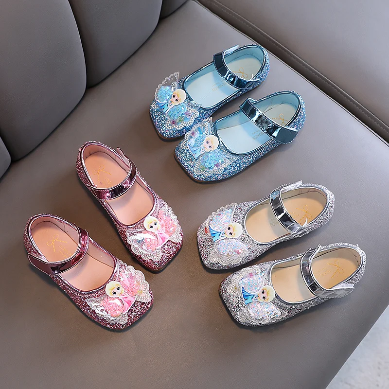 Disney Frozen Elsa Princess Designer Crystal Casual Flat Shoes for Kids Girls Bling Square Toe Baby Shoes Child Flats Sneakers