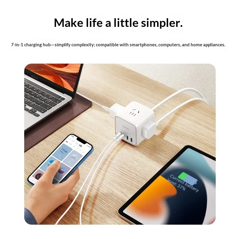 UGREEN 90467 GaN Power Strip 65W 2 USB-C 2 USB-A 3 AC Outlets 1.8m Cord PPS PD Fast Charging for Desk Laptop Phone Tablet