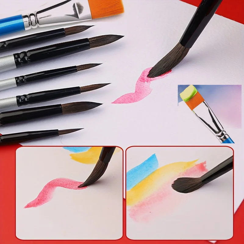 7-teiliges Pinselset mit rundem Eichhörnchenhaar für Aquarell, Tinte, Gouache und Tempera, professionelle Künstlerqualität, Holzgriff – Detail 3