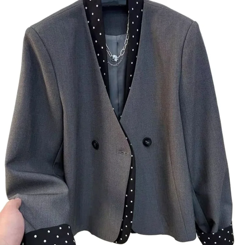 Trend Women's Polka-Dot Patchwork Two-Piece Suit New Short Jacket Black Blazers Cropped Blazer Long-Sleeve Tops Coats