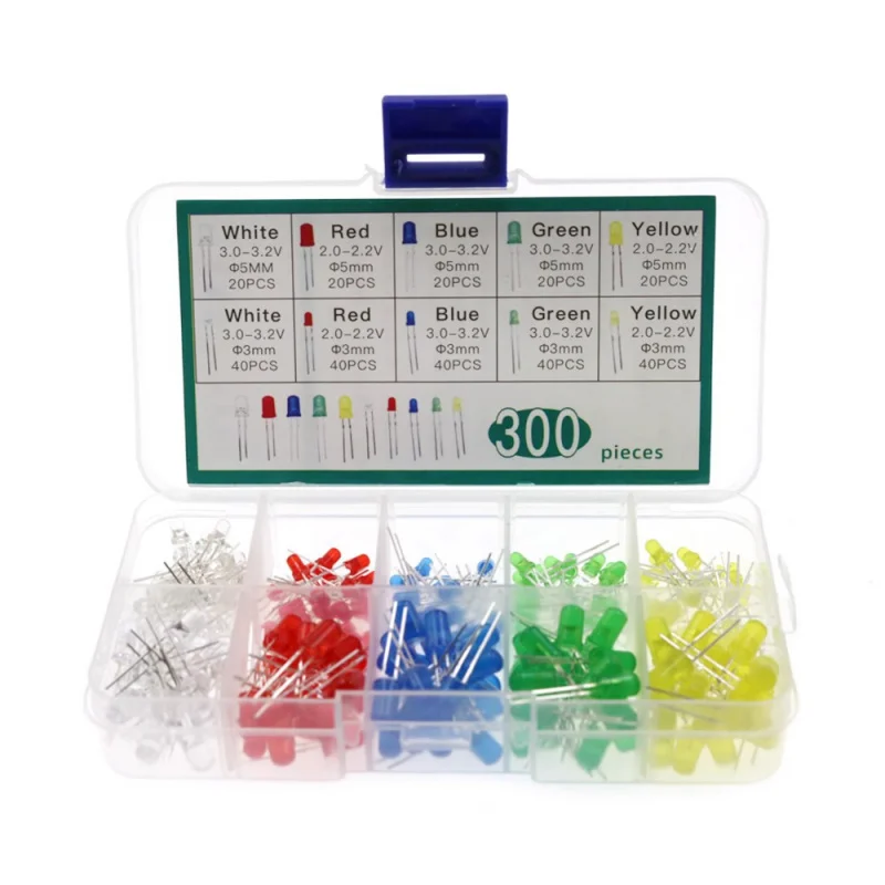 300PCS 3mm 5mm LEDLight Emitting Diode 5ColorsF3 F5mmRed Yellow Blue and Green White