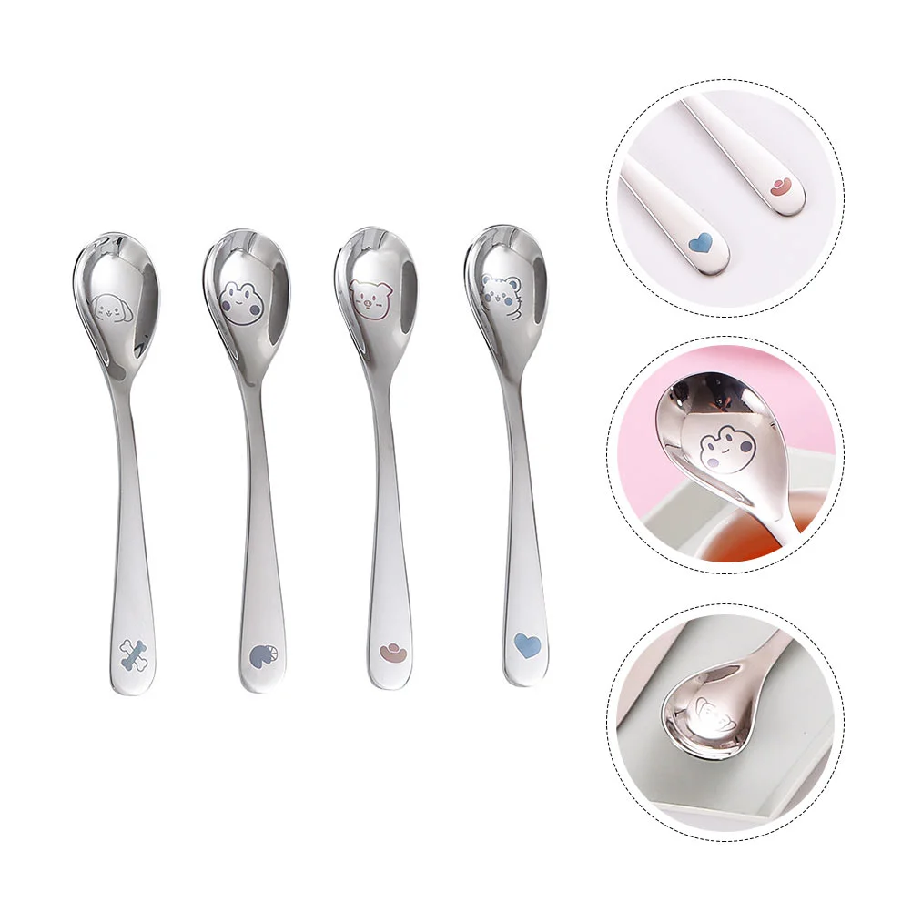 4 Pcs Cartoon Stainless Steel Spoon Child Scoops Pouches 304 Feeding Pattern Baby