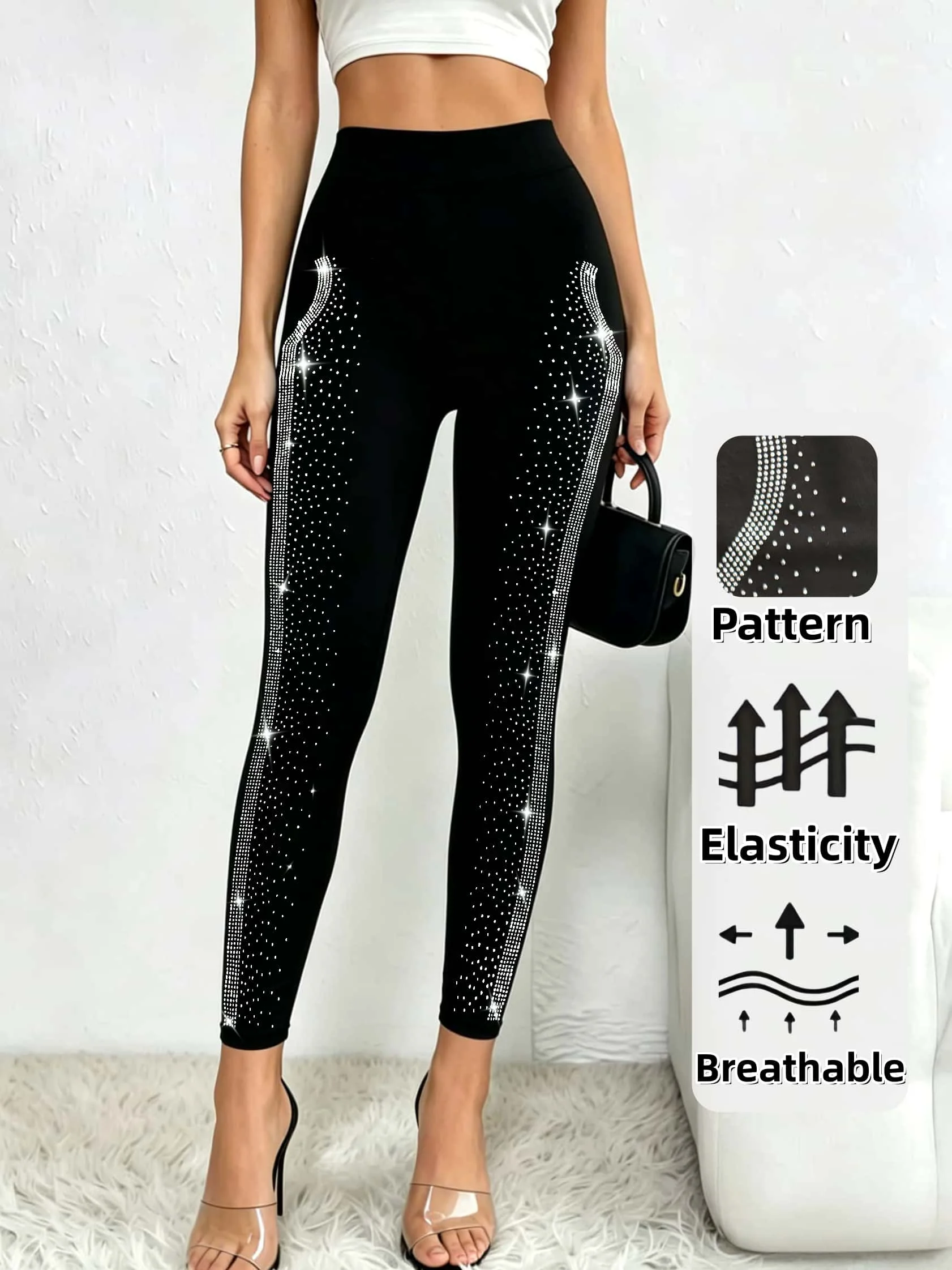 Leggings de cintura alta para mujer con rayas laterales de diamantes de imitación, pantalones de yoga con cristales brillantes, mallas sexys ajustadas, color negro