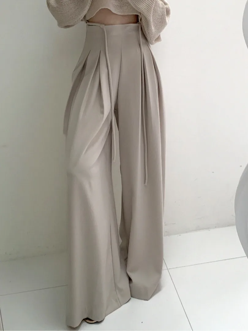 Pantaloni casual dal design Dstring a vita alta chic Pantaloni versatili lunghi fino al pavimento pieghettati per le giovani donne pendolari