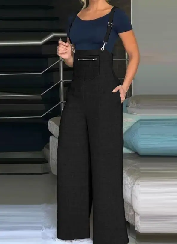 Combinaison pantalon à bretelles printemps/été pour femme, tenue de travail simple, design de poche polyvalent, jambes larges, 2024