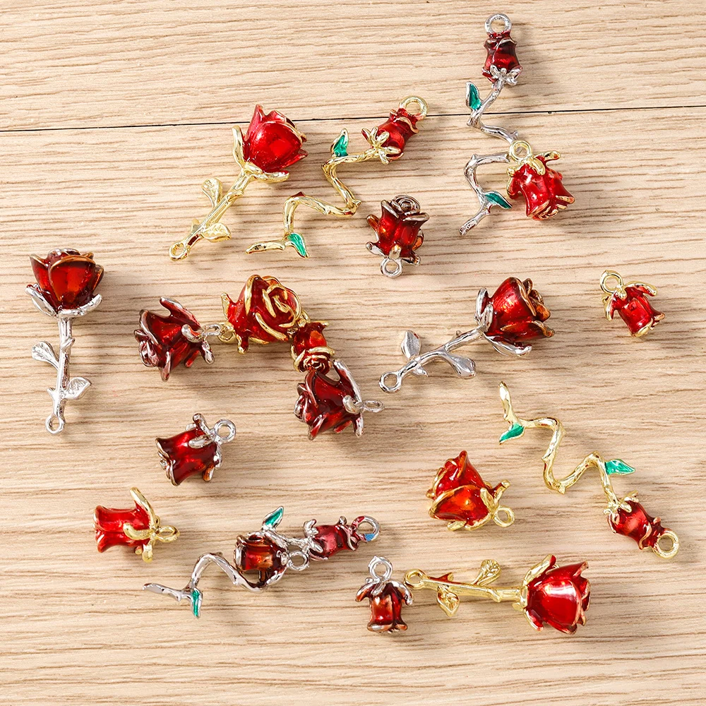 Tusember 5 Stück vergoldete Rosenblüten-Anhänger, niedliche Blumen-Charm-Perlen, passend für Original-Armbänder und Ohrringe aus 925er Sterlingsilber, Bastelbedarf – Detail 2