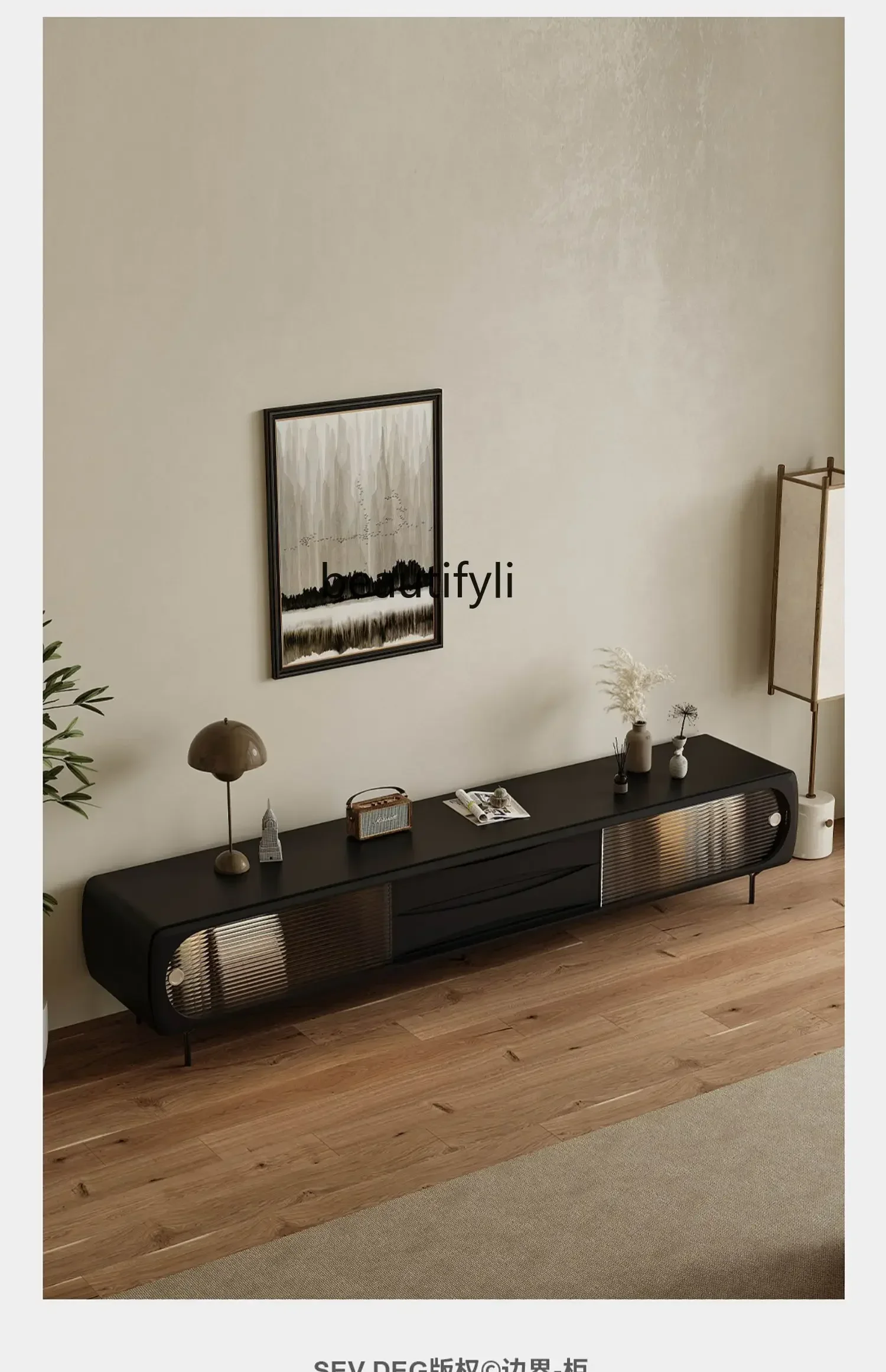 French Retro Black TV Cabinet and Tea Table Combination Living Room Storage Floor Cabinet Solid Wood High-Grade