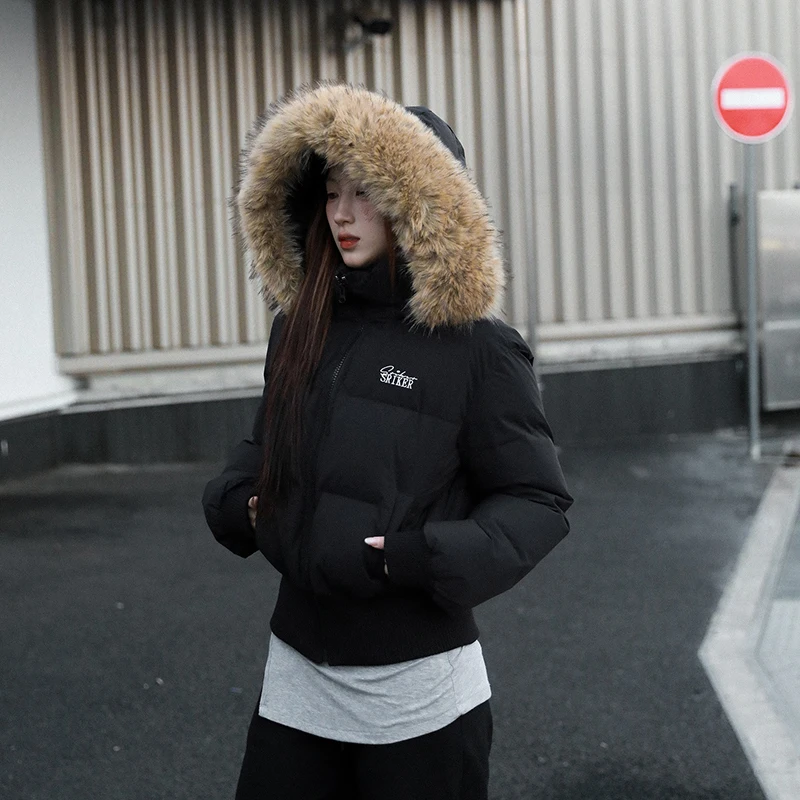 

Women Winter Warm Puffy Parkas Long Sleeve Thick Warm Cotton Padded Coat Faux Fox Fur Collar Hooded Cropped Jacket