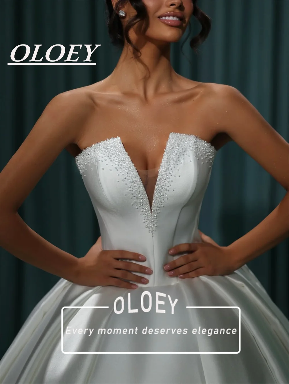 OLOEY Luxury Pearls A-line Wedding Dresses Strapless Quinceanera Bridal Gown Customized Vestidos De Novia Sweep Tail Laing Back