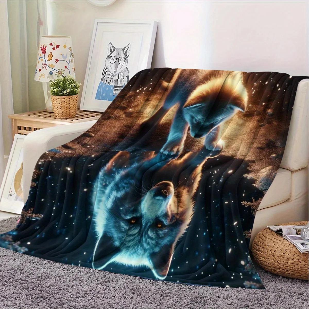 Wolf-themed Patterned Flannel Throw Blanket, Air-conditioning Blanket, Dormitory/office Nap Blanket, Printed Flannel Blanket, Fl