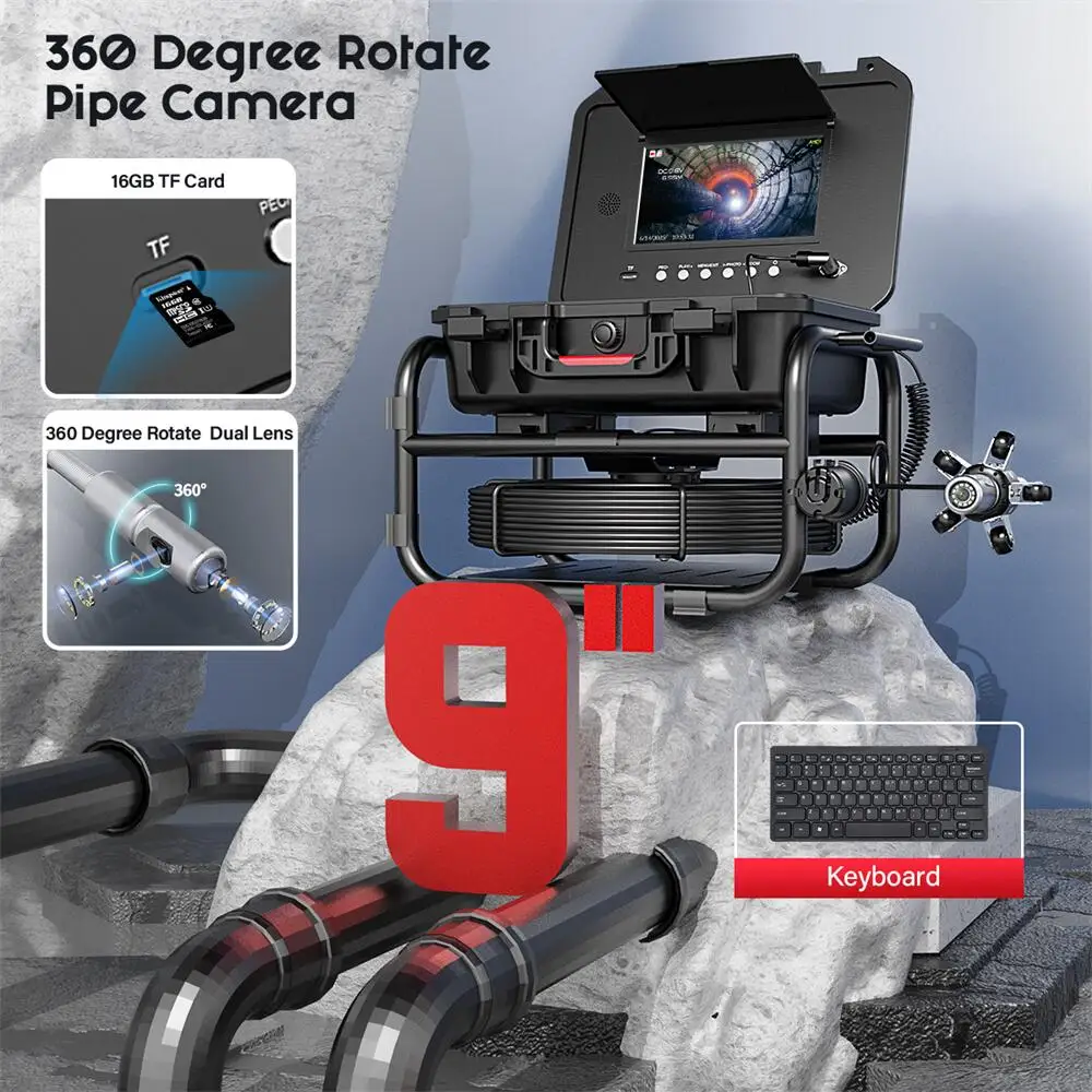 360 Rotating Sewer Pipe Inspection Camera 9″ 32MM Camera IPS+1080P Screen +512HZ Transmitter+Meter Counter+Keyboard Sewer Camera