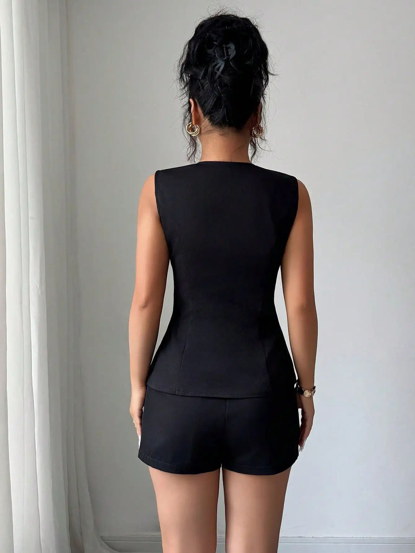 Black Women's Two-Piece Set with Gold Buttons & Peplum Waist, Sleeveless Top & Shorts for Office, Summer, Back to School