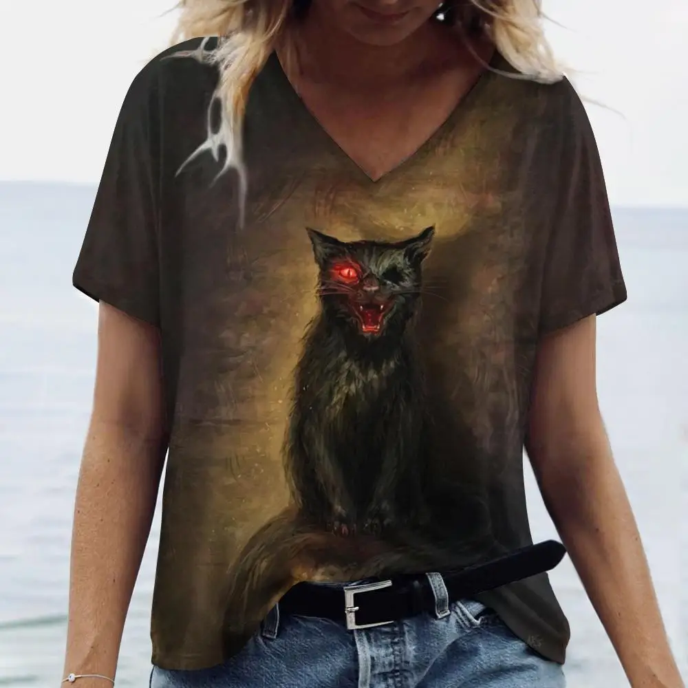 Women's T Shirt Cute Cat Pattern Print Summer O-Neck Short Sleeve Fashion Street Sportwear Plus Size Clothing Animal T-Shirts