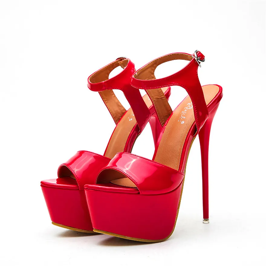 

Peep Toe Ankle Buckle Rome Sandals Women Concise Solid PU Fine heel Sandals Platform Super High Heels Fashion Shoes Party Woman