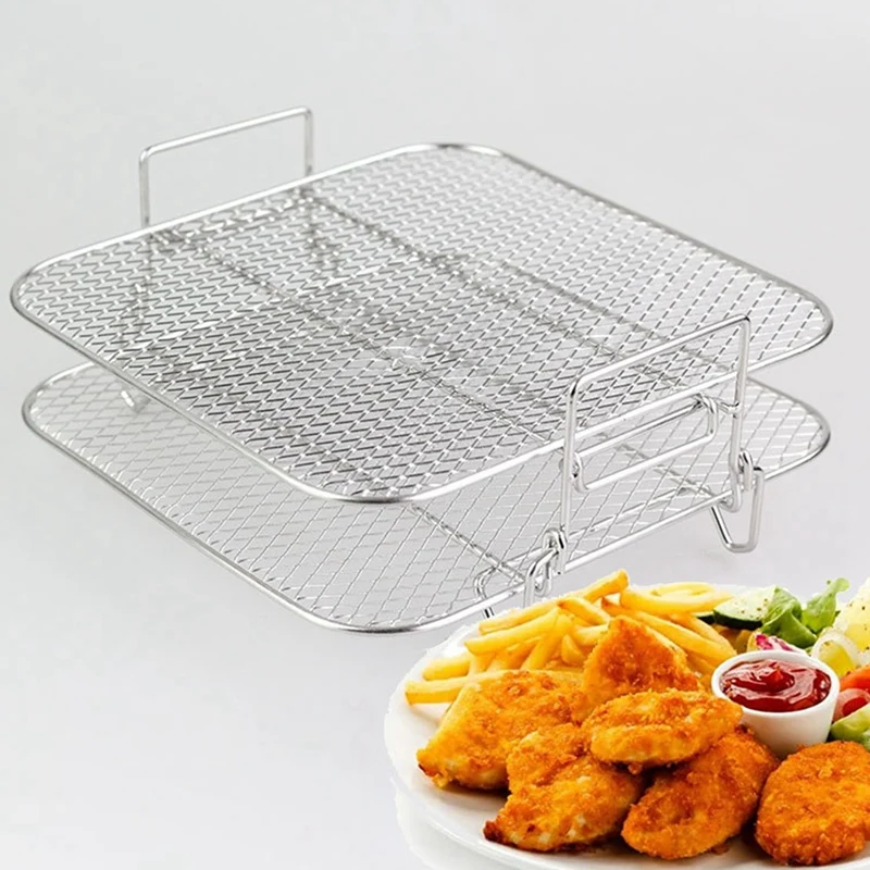 Stainless Steel Air Fryer Pot Double Layer Rack Roasting Rack Versatile Square Roasting Grill Air Fryers Holder 5QT/5.7QT/6.8QT