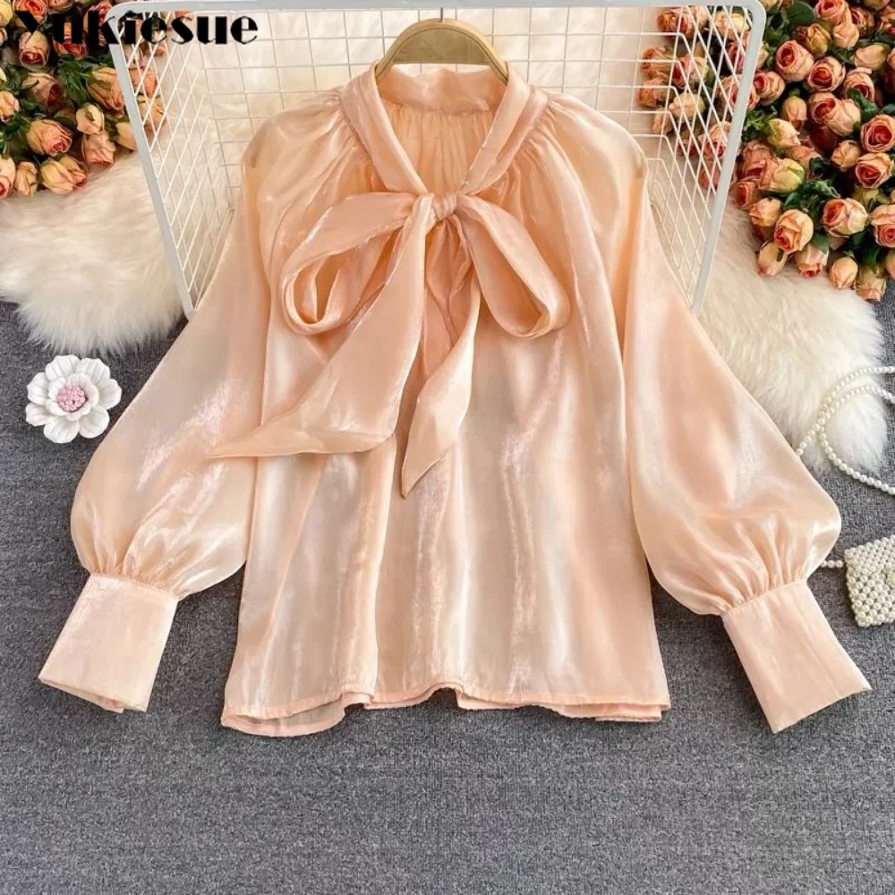 Spring Autumn Korean Harajuku Women\'s New Elegant Tops Bowknot Lantern Sleeves Trend Loose Temperament Solid Color Leisure Shirt