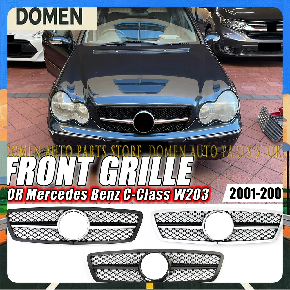 Parrilla de carreras DOMEN Chrome Silver Diamonds Style para Mercedes Benz Clase C W203 2001-2007 C200 C240 C280 Sport AMG Style Bumper G