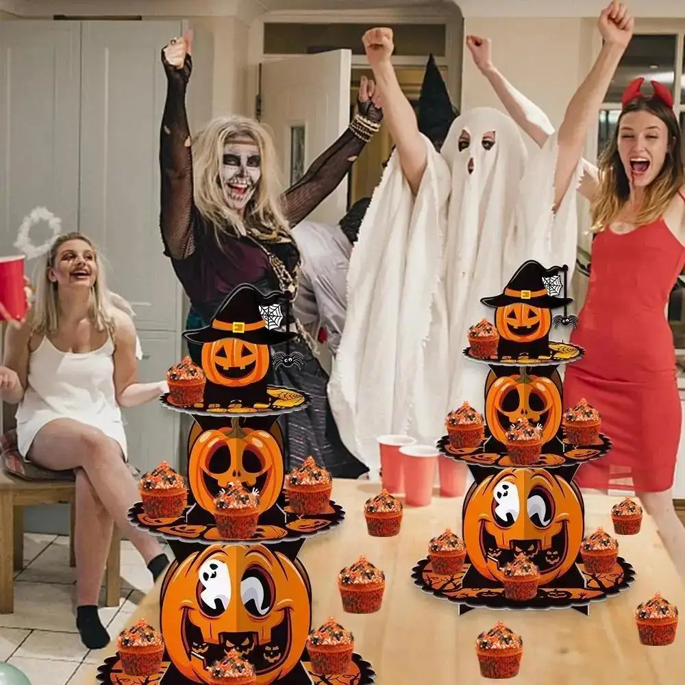 Halloween Pumpkin Multi Layer Paper Cake Stand Dessert Tray Ghost Festival Table Decor Party Snack Display Holder Supplies