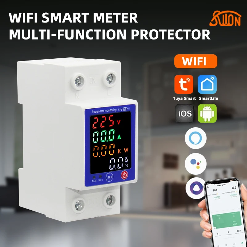 Tuya WiFi Smart Energy Meter Multifunctional Protector Color Display Over Under Voltage Protector Prepaid Meter Single phase 63A