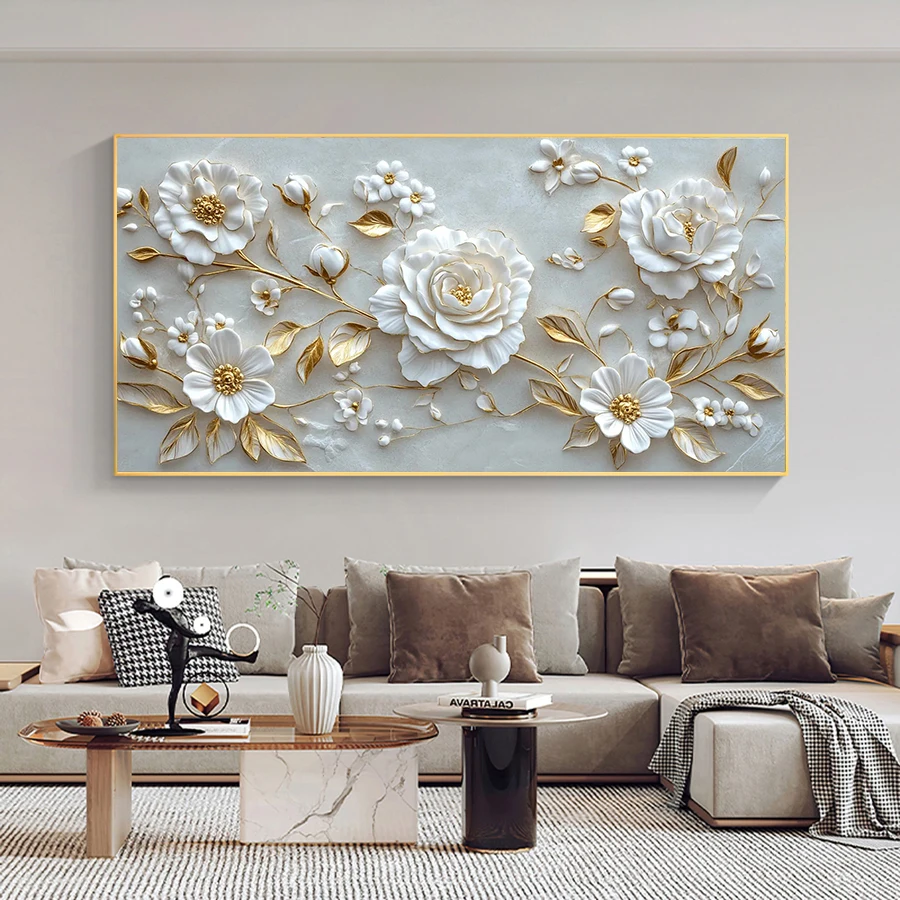Large Size 2D Pure White Flowers Wall arts Posters and Prints Floral Canvas Painting for Living Room Wall Decor No Frame