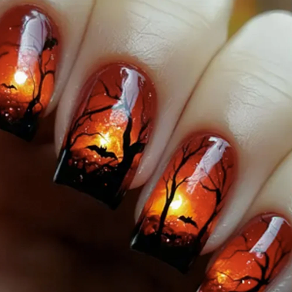 24 square-shaped pressing nails, with orange gradient color, with dead tree branches and bats, classic Halloween style