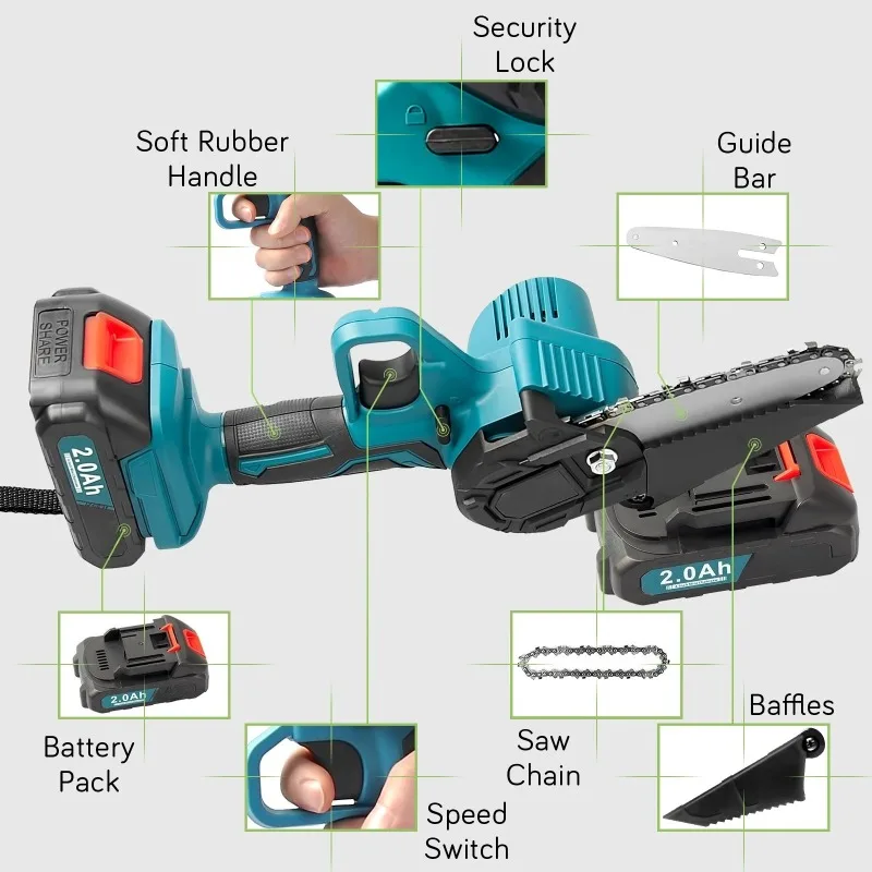 Cordless Mini Chainsaw 20V Battery - 4 in Handheld Pruning Tree Saw Tool for Tree Trimming Wood Cutting (NO Battery)