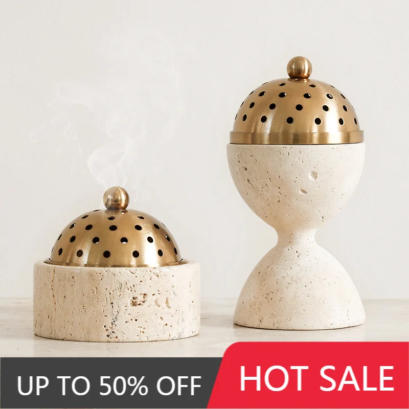 Retro Incense Burners Natural Cave Stone Desktop Decoration Ornaments Luxury Metal Candle Holder Interior Incense Burners