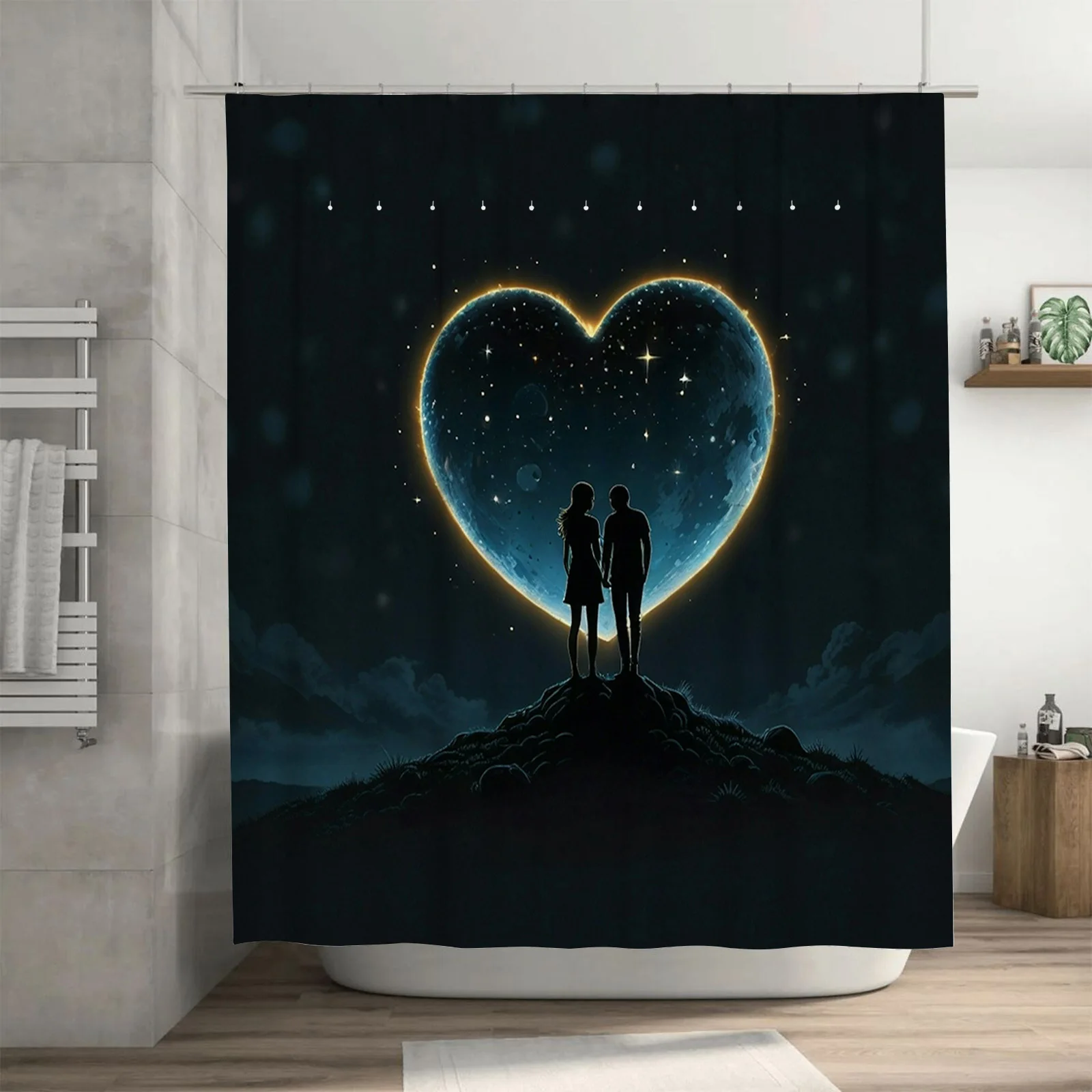 Romantic Heart Moon Waterproof Shower Curtain for Bathroom Decor High-Quality Material and Easy to Clean