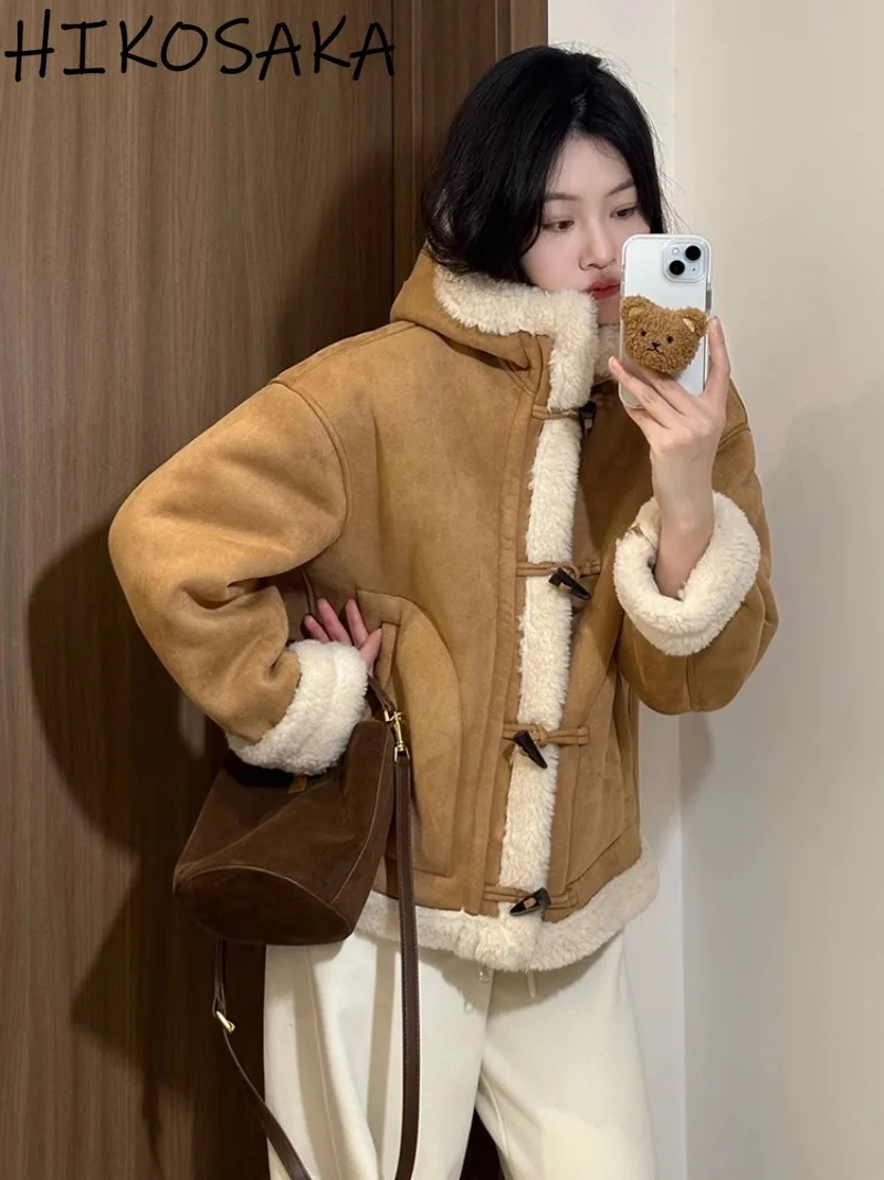 Korean Chic Hooded Lamb Wool Coats Women Horn Button Loose Casual Long Sleeve Jackets Autumn Winter Thick Warm Fur Outwears