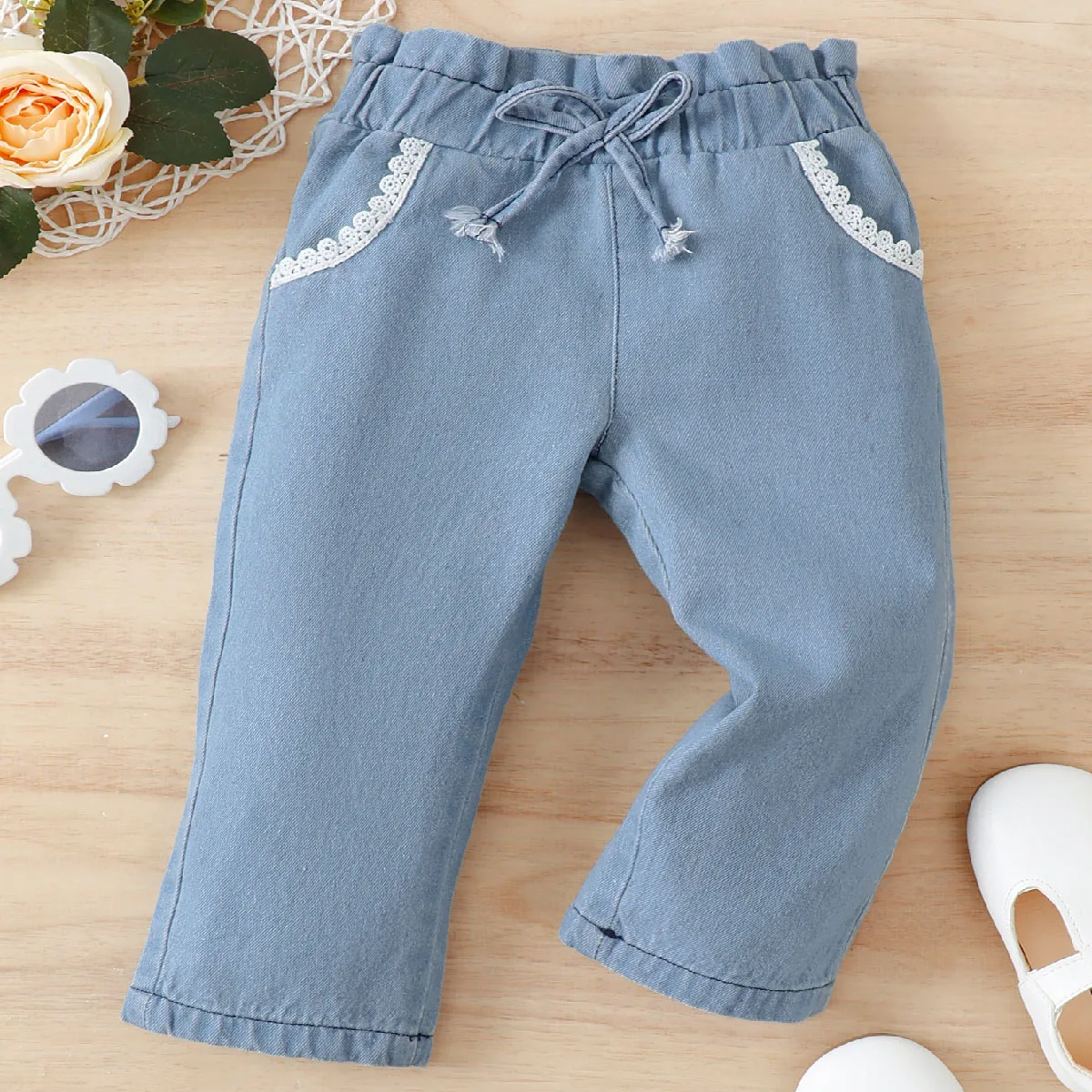 3-24 Months Baby Girl Pants Fashion Denim Paired with Lace Pants Elastic Waist for all Seasons Wear Toddler Girl Daily Matching