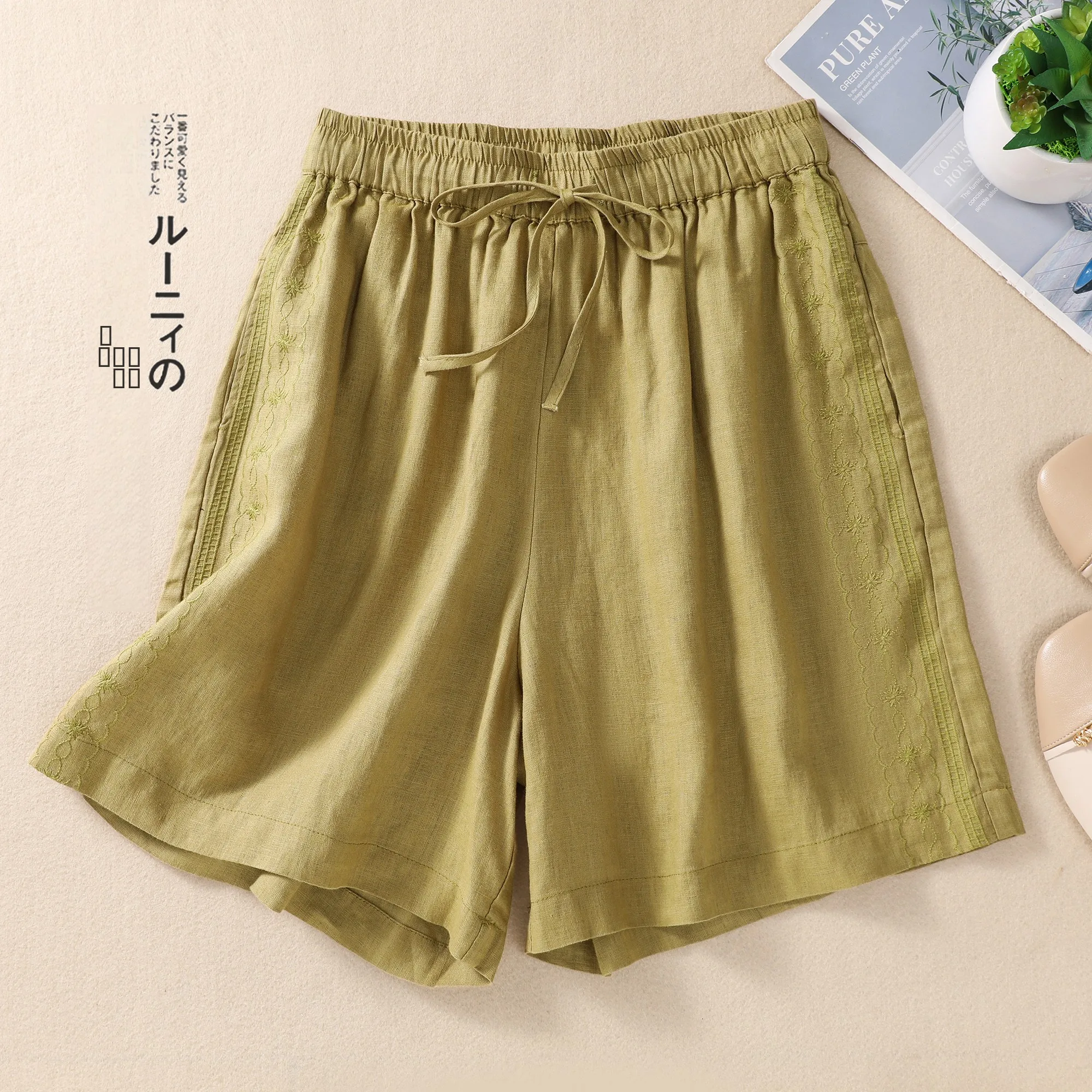 

Casual Cotton Linen Wide Leg Pants Women Summer Loose Comfortable Agel Match All Embroidered Small Size Casual orts