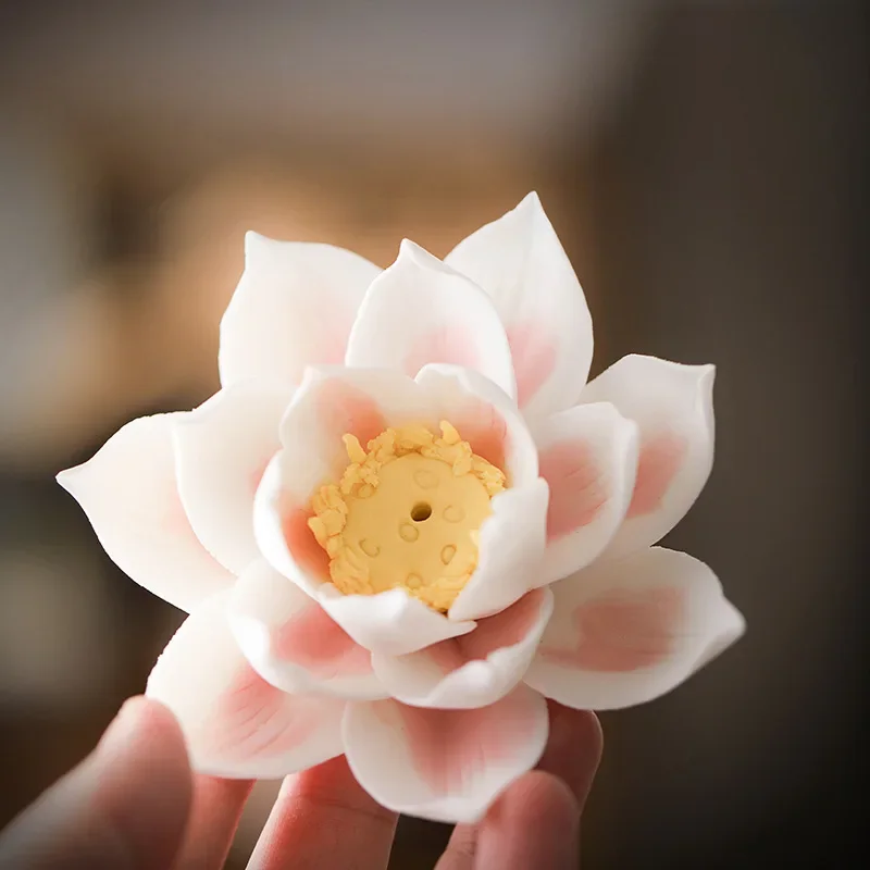 Pure handmade ceramic lotus handmade flower simulation thread incense burner incense insert ornament Chinese   home decoration