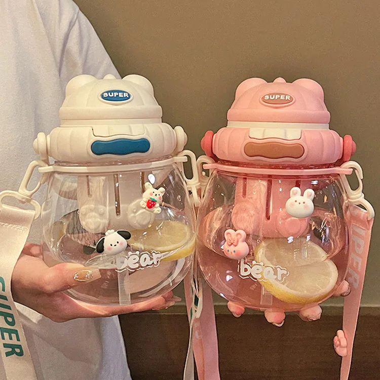 Summer Cute Water Cup 1000ml Straw Large Capacity Tea Cup Girls Beautiful Kettle Portable Shoulder Strap Sanrio  Kuromi