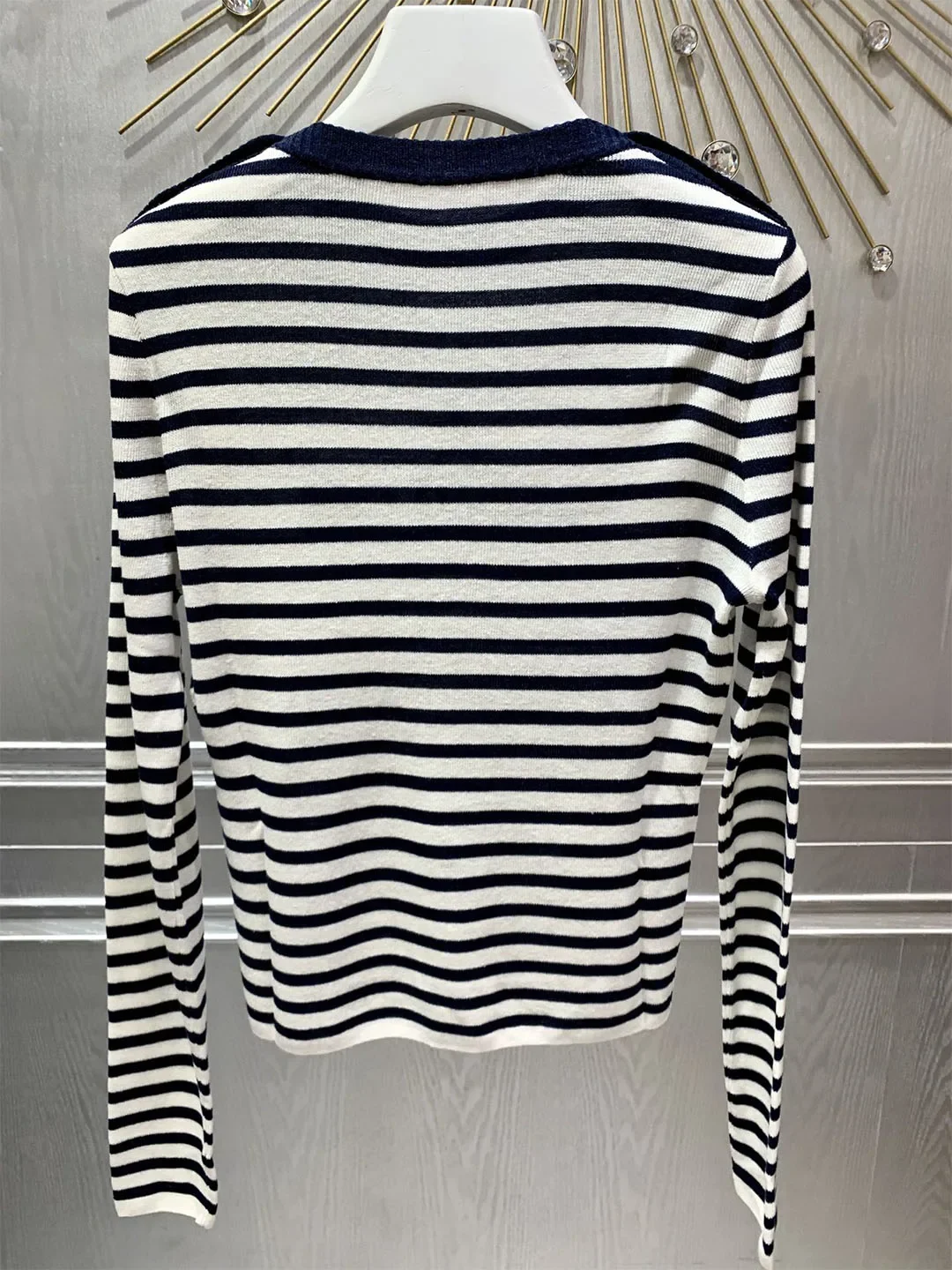 

Autumn/Winter New Long Sleeve Round Neck Gold Button Blue White Stripe Letter Wool Navy Style Knit