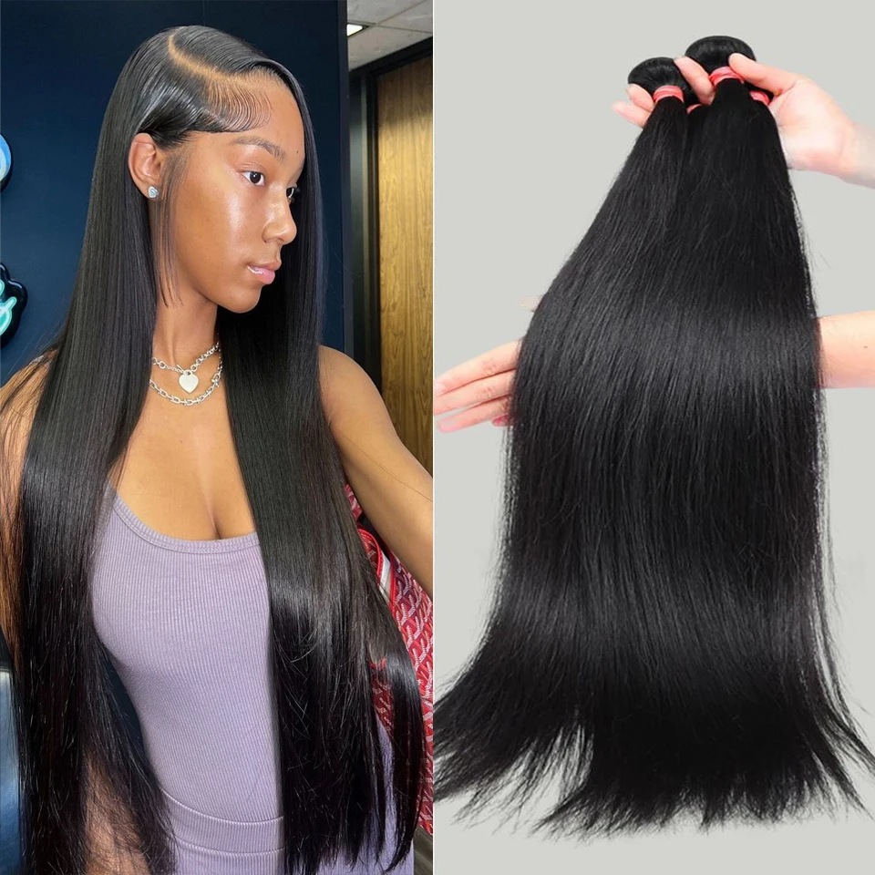 Tissage en lot brésilien naturel Remy lisse noir naturel, extension de cheveux, livraison en 3 jours, 12 à 32 ans, 1/3/4 pièces