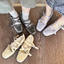 Vintage Bow Designer Metal Buckle Purple Apricot Ballet Flat Shoes for Women 2024 Spring Summer New Square Toe Mary Jane Shoes